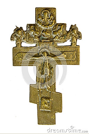 Bronze Orthodox Cross with Cherubs. Russia. XVIII century Stock Photo
